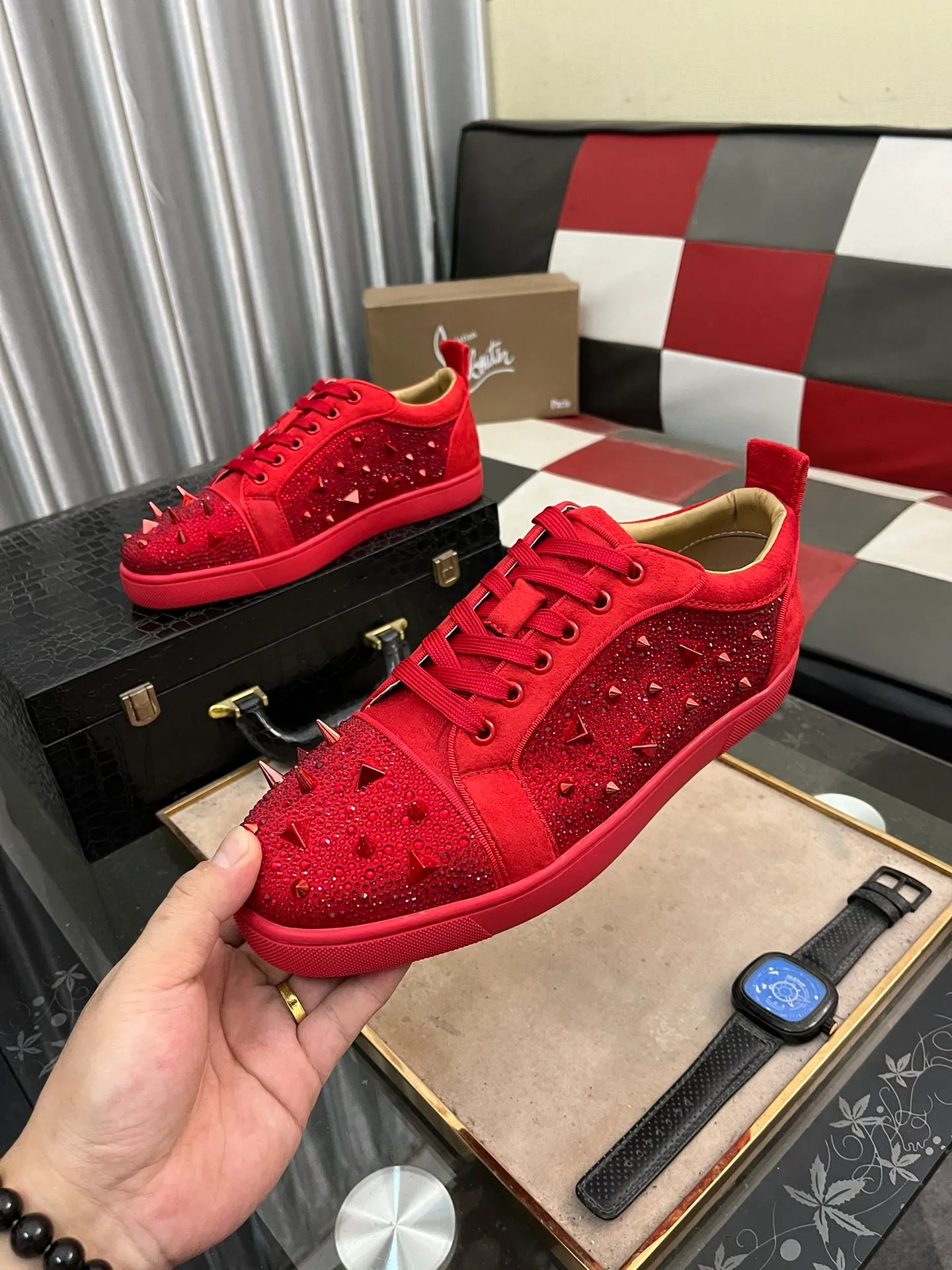 Men's shoes 💰480⌚️⌚️christian louboutin (CL red sole shoes) counter hot diamond series, casual sneakers 📢 📢 📢 Exclusive hot style release🎈🎈💪Movable latex feet👻Finished outsole line [Deyi] Global supply😝 [Top version]: Original imported cowhide upper, top original leather lining, original open-molded TPU outsole, original 1:1 detail processing, original shoe last, large number of ready-made code numbers: 38-44